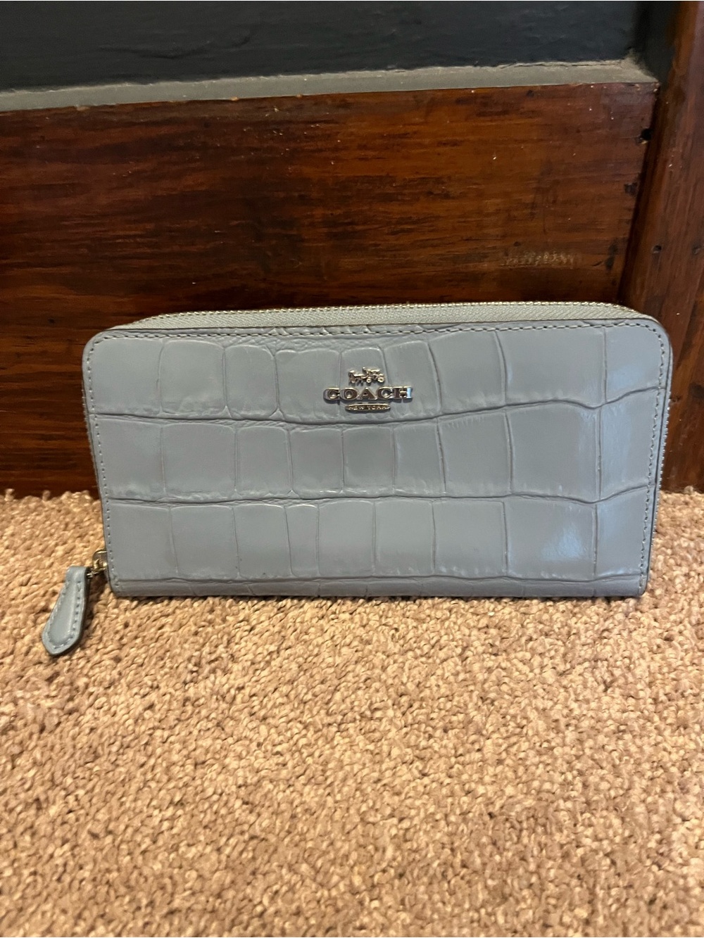 Coach Croc-Embossed Zip Wallet in Pale Blue